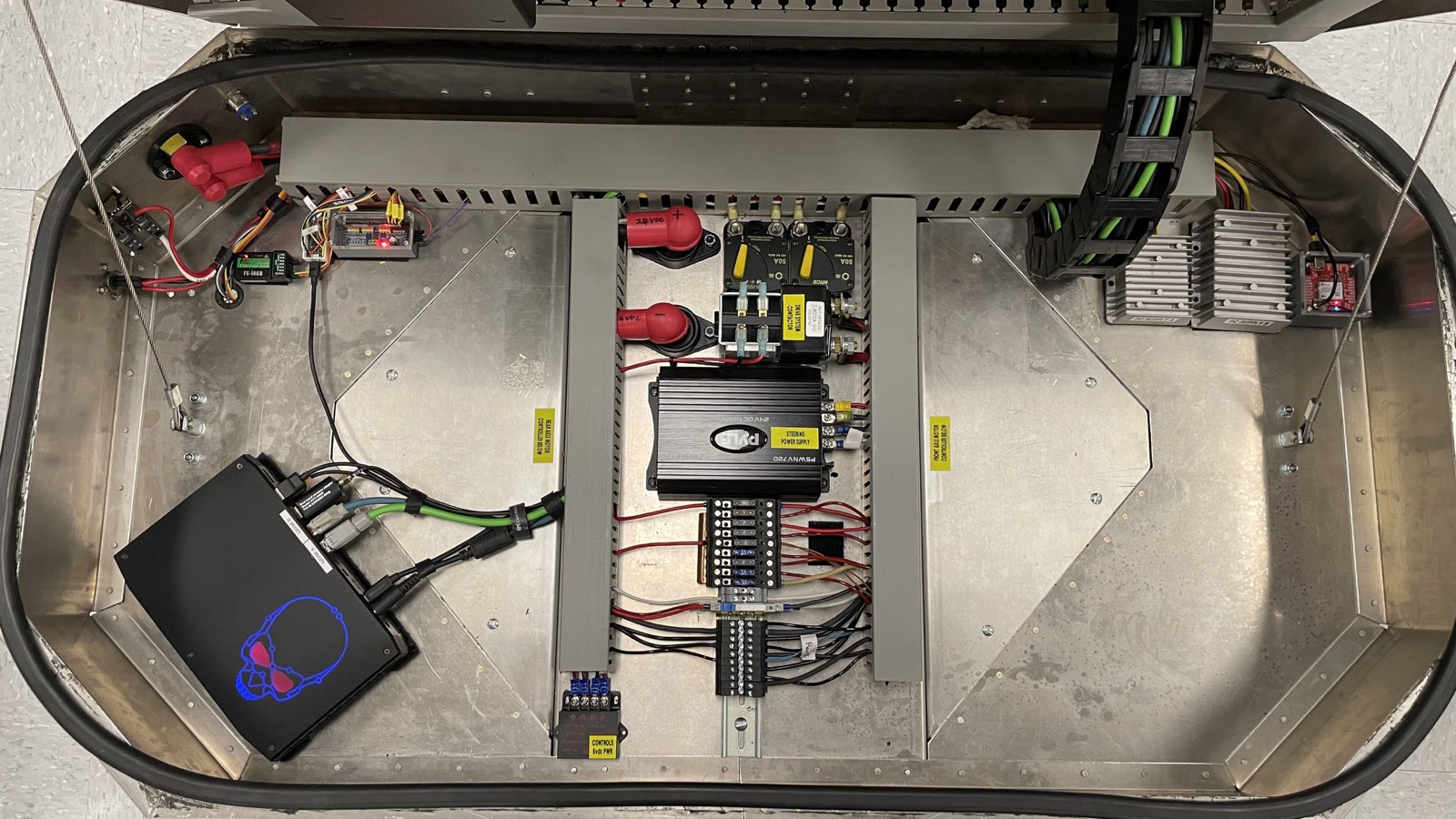 Wiring and electronics on the bottom layer of the rover